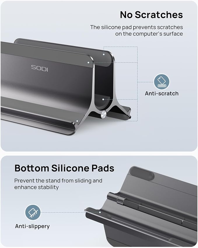 Vertical Laptop Stand for Desk, Aluminum Laptop Holder Compatible with MacBook Pro, MacBook Air Stand Up to 17 inch, Gravity Auto-Lock Cooling, 3in1 Space Saving Desk Organizer Accessories, Gray