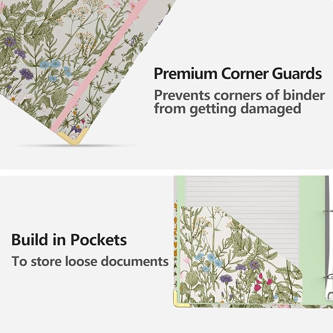 3 Ring Binder 1 Inch, Cute Decorative Hardcover Low Profile Clipboard with Storage, 1'' Round Ring Binders for Letter Size Paper, Durable Binder Organizer for School Office Supplies(Garden Flowers)
