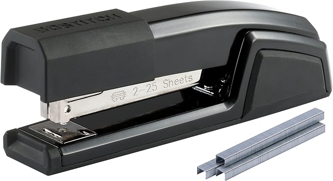 Bostitch Office Epic Metal Desk Stapler, 25 Sheet, Staple Remover, Black | Die-cast body opens 180 degrees for bulletin boards, with a temporary stapling option and a hidden slot for backup fasteners.