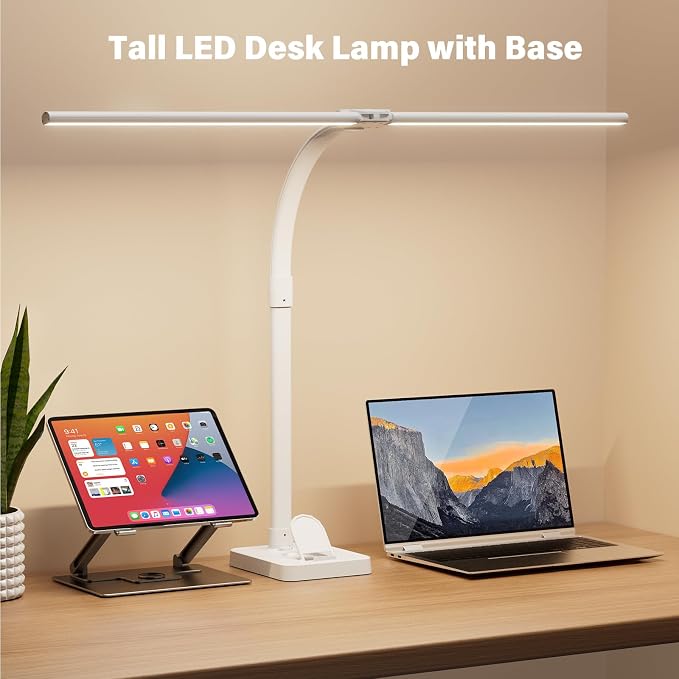LED Desk Lamp with Base - Bright Dimmable Computer Lamp with Phone Holder, 24W Bendable Desk Light for Monitor Screen, Eye-Caring Tall Desktop Light for Task Home Office Work, White, Dual Head