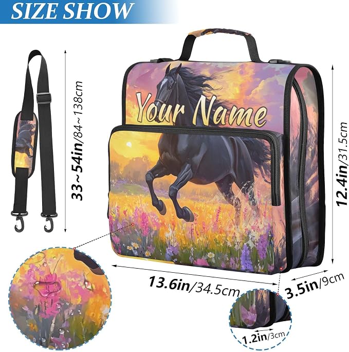 Custom 3 Ring Zipper Binder Black Horse Flower Oil Personalized Name 2 Inch Zippered Binder Bag Multi Pockets for School Supplies
