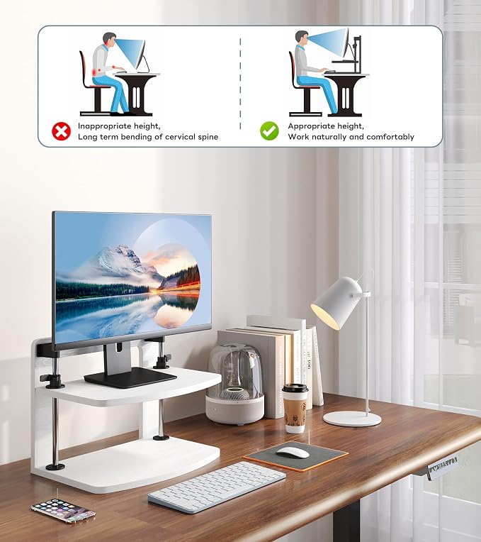 Computer Monitor Stand Riser for Reduced Neck Strain, Adjustable Height Desk Shelf Organizer Monitor Riser Stand for PC Monitor - Not for Laptop - Withe - Wood Grain, MR01-M