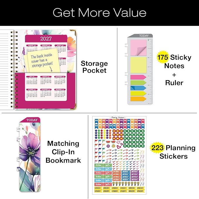 HARDCOVER Academic Year 2026-2027 Planner: 14 Months (May 2026 Through June 2027) 8.5"x 11" Daily Weekly Monthly Planner Yearly Agenda. Bookmark, Pocket Folder and Sticky Note Set (Rainbow Floral)