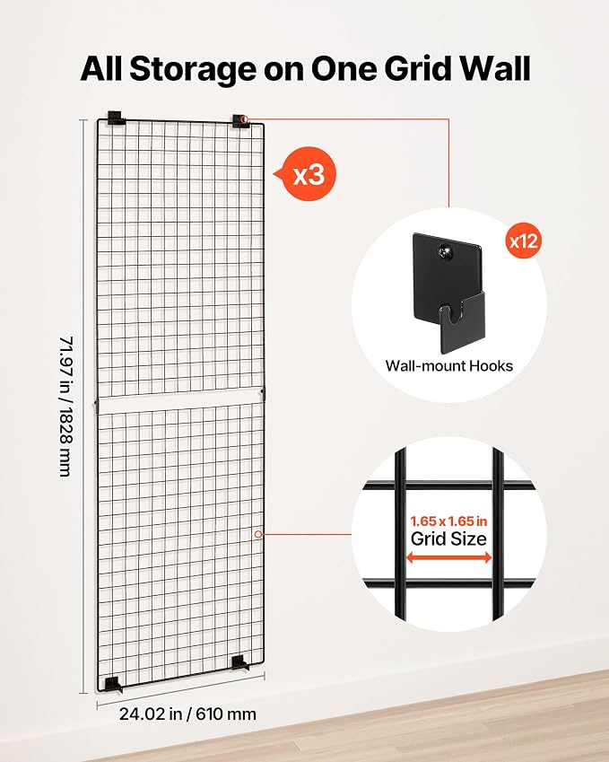 VEVOR 3 Packs Grid Wall Panels, 2 x 6 ft Wire Grid Panels Display Rack, Wall-Mounted Art Display Shelf, Black Carbon Steel Wall Hanging Gridwall for Craft Show, Decoration, Storage, Notice Board