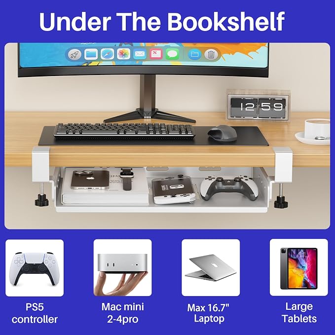 BYMECOST No Drill Under Desk Laptop Mount, Metal Under Desk Storage Shelf | Laptop Storage Tray for Macbook, Mac Mini, Controllers and Cables, Anti-scratch Silicone, fits Office, Gaming, Workstations