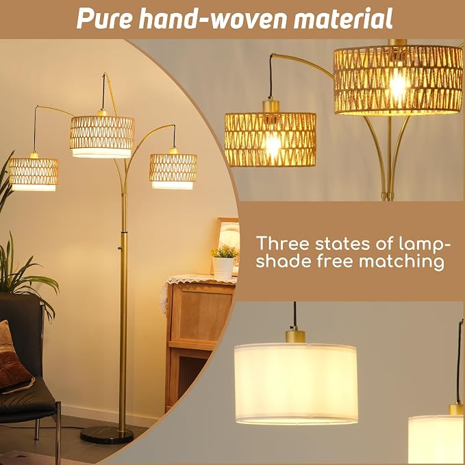 80'' Gold Rattan Arc Floor Lamp for Living Room, 3-Light Boho Tree Lamp | Heavy Natural Marble Base, 1/2/3-Light Rotary Switch,Double-layer Wicker/Fabric Shades for Reading Corners,8 ft+ Ceilings