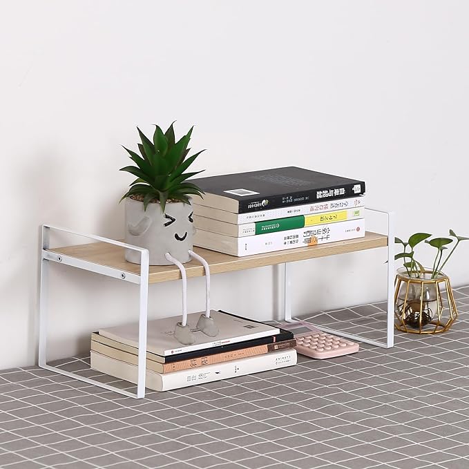 YGYQZ Desk Shelf Organizer for Top of Desk, 1-Tier Desktop Bookshelf, White & Wood