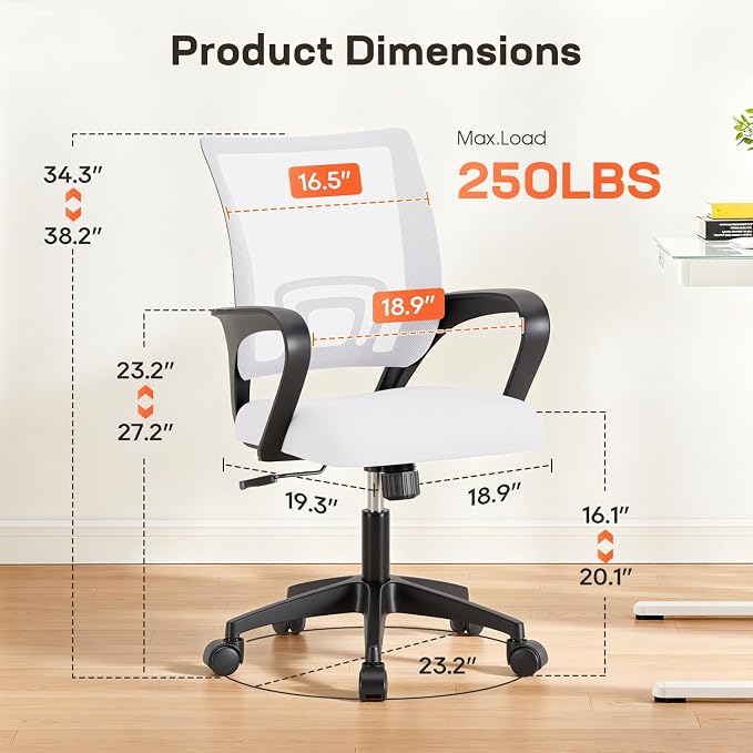 BestOffice Ergonomic Office Chair | Mid-Back Swivel Desk Chair | White | with Lumbar Support, Adjustable Height & Breathable Backrest | Sponge Seat & Rolling Wheels | for Home, Office | Pack of 1