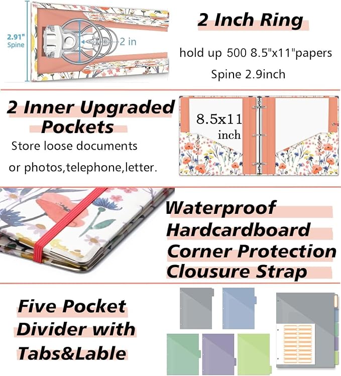 3 Ring Binder 2 Inch, Three Ring Binders Organizer with Clipboard, 5-Tabs Pockets Dividers, Plastic Folder, 18 Divider Stikers, KLLVE Cute Binder with Pen Loop (Flora, Letter Size)