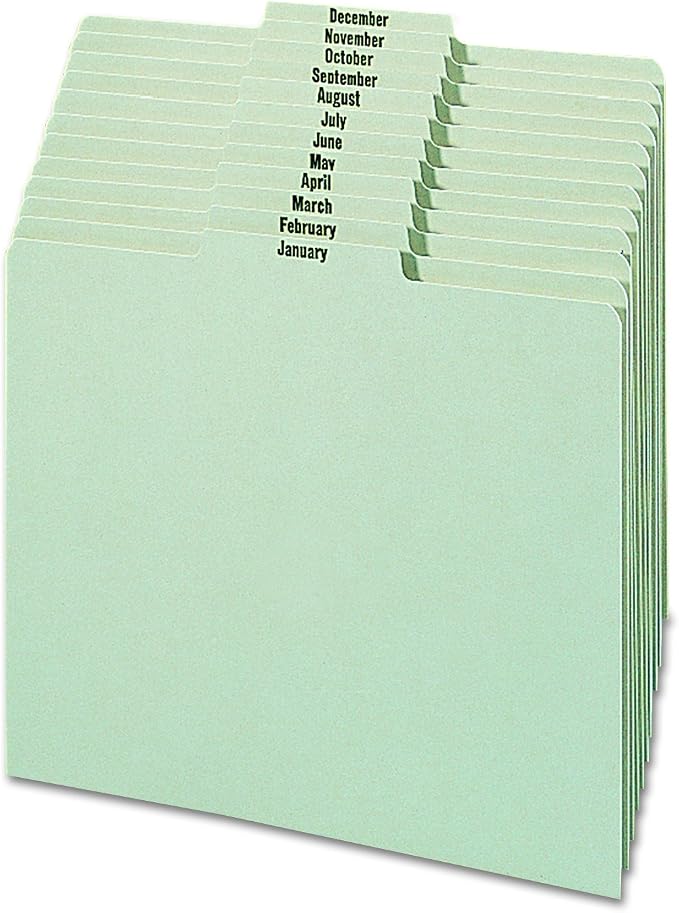 Smead Pressboard Guides, 1/3-Cut Tab Center Position (Jan-Dec), Letter Size, Gray/Green, Set of 12 (50365)