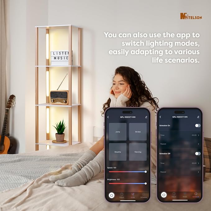 Floor Lamp with Shelves, Modern Shelf Lamp with Remote/APP Control, Standing Lamp for Living Room and Bedroom, 5-Tier Display Shelf with Dimmable Lights, Tall Lamp, White/Natural Wood