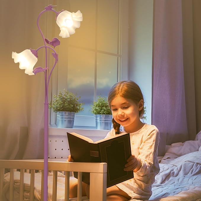 HMVPL Purple Floral Floor Lamp, Girls Flower Floor Lamp for Bedroom, Cute Lotus Standing Lamp with 2 LED 5W Blubs, Foot Switch, Unique Flower Tall Lamp for Living Room Kids Nursery Bedside Corner