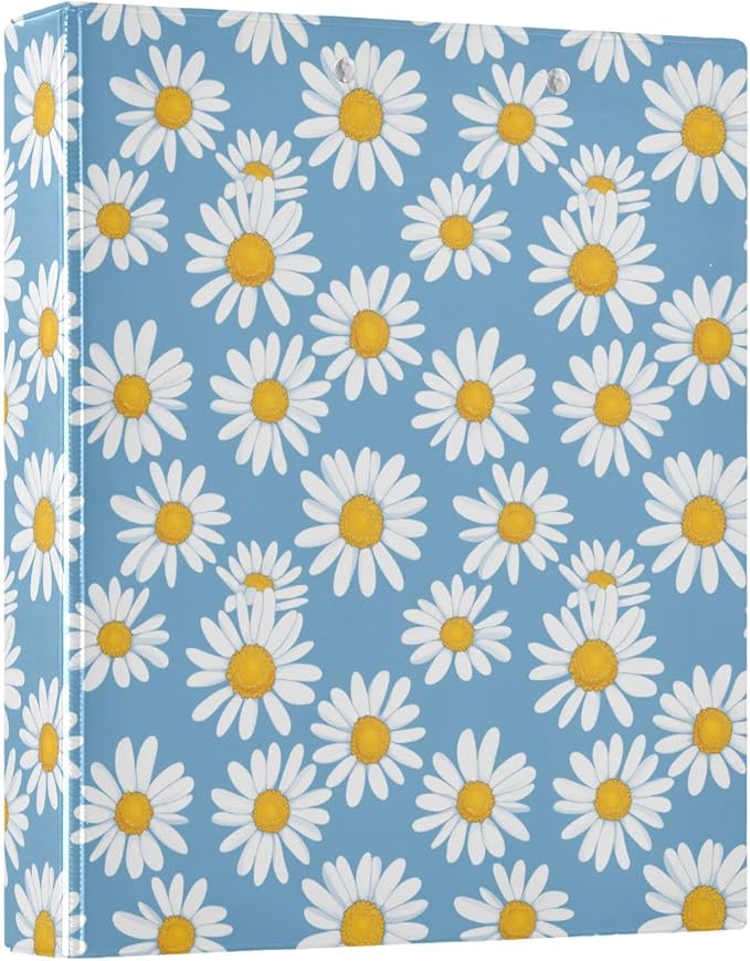 Flower Daisies Floral Hard Cover Ring Binder 1.5 Inch 3 Ring, Printed Ring Binder with Metal Non-Slip Clip Clear Pocket Water Resistant Round Ring Binders for Recipe Budget Office