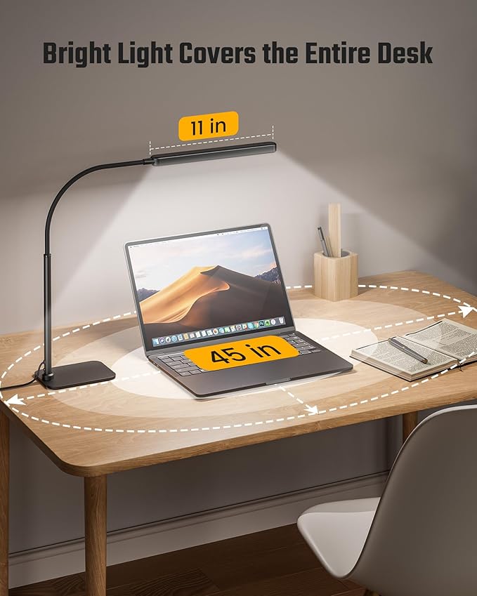 SUPERDANNY Eye-Caring LED Desk Lamp Work Lamp Office Lamp with Base | Black, Touch Control, 360° Flexible Gooseneck, 3 Modes Smooth Dimming, Memory Function, Adapter, Metal, for Home Office Dorm