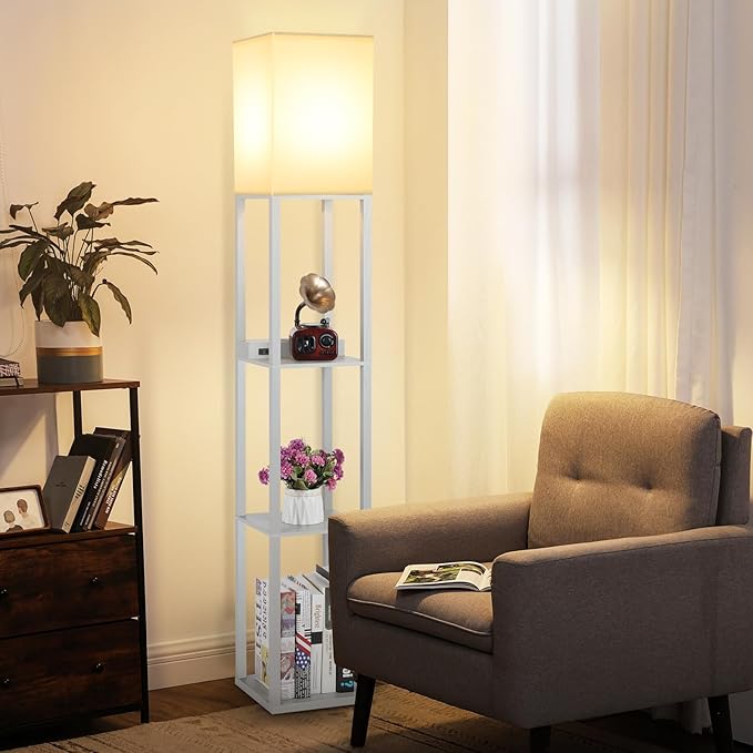 Shelf Floor Lamp with Wireless Charger, USB, Type C, AC Port, Grey | Fast Charging USB Ports & Type C Port & 2 Power Outlets, 3 Tier Storage Shelf Lamp, E26 Base, 60W Max(Bulb Not Included)