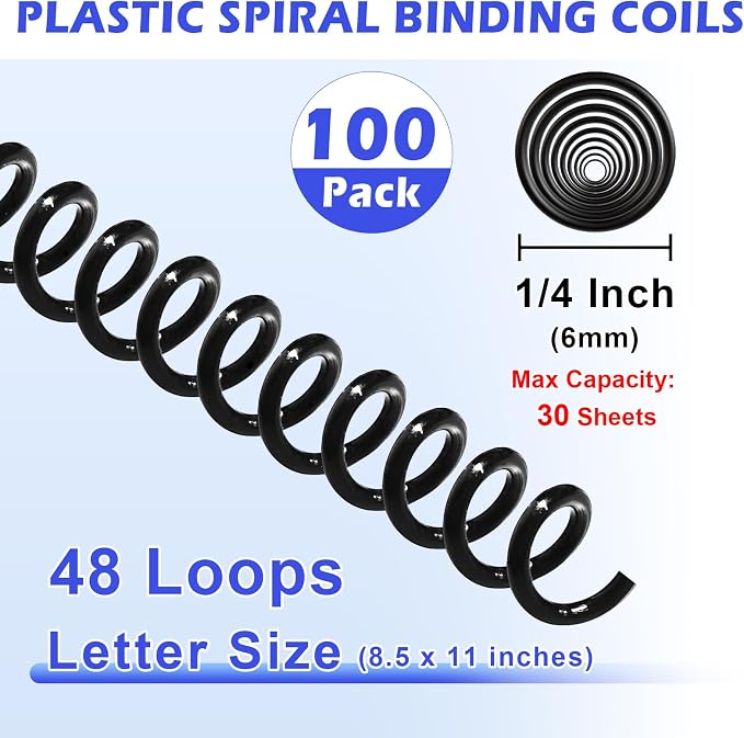 TOTiyea 100 Pack Plastic Spiral Binding Coils,6mm(1/4") Binding Spirals,30 Sheet Capacity,4:1 Pitch,Black | Spiral binding coils,Black,can be used with letter size (8.5x11") or A4 size paper (8.3x11.7"),bound projects can lay flat