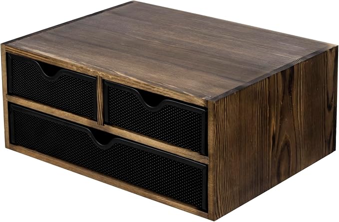 MyGift Rustic Burnt Brown Solid Wood Desktop Organizer Box with 3 Removable Black Metal Mesh Trays, Office Desk Supplies Storage Drawers for Accessories