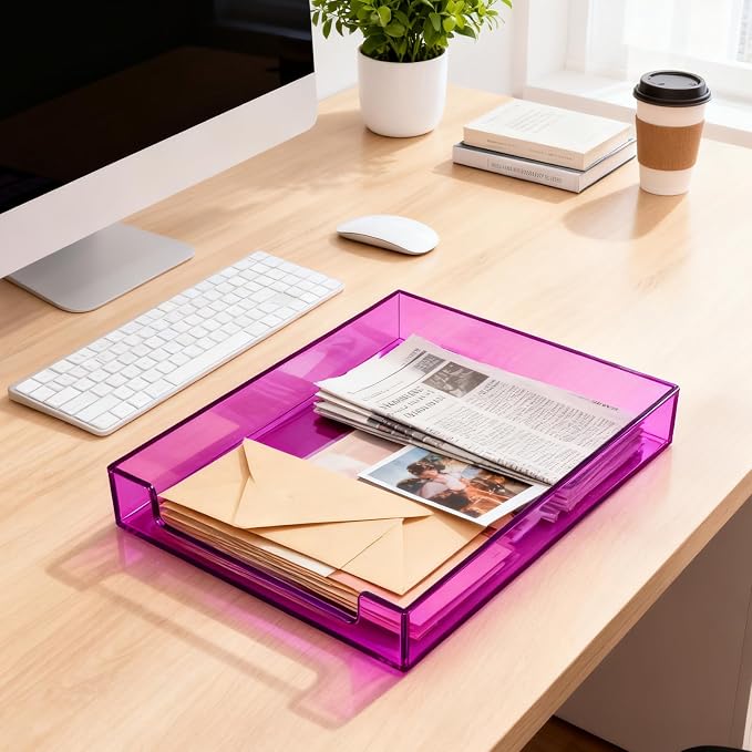 Paper Tray Acrylic File Organizer for Desk Letter Tray Desk Organizer Document Holder Sorter Storage for A4 Office Supplies Magazines, 13.8x10.6x2.4 Inches, Bright Purple