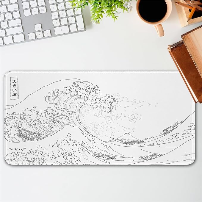 Large Gaming Mouse Pad with Stitched Edges,Non-Slip Base Desk Pad,White Wave of Japanese Kanagawa Mouse Pad,XXL 15.7x35.4 inch Extended Keyboard Pad Long Desk Pad for Office and Game