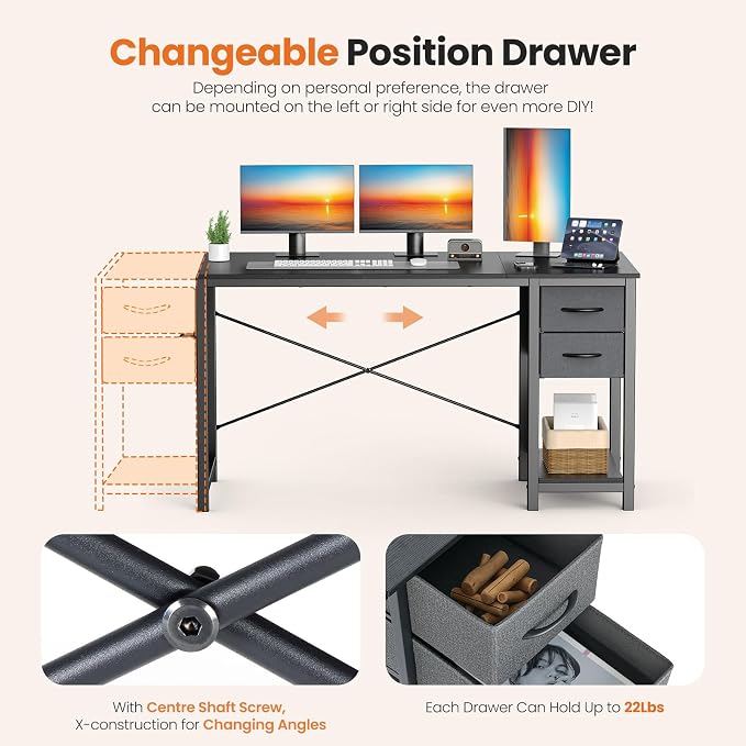 Sweetcrispy 40-Inch Computer Desk with Drawers, Office Desk, Black | Small Desk for Bedroom Home Office with Side Hook, Modern Simple Desk with Storage for Writing