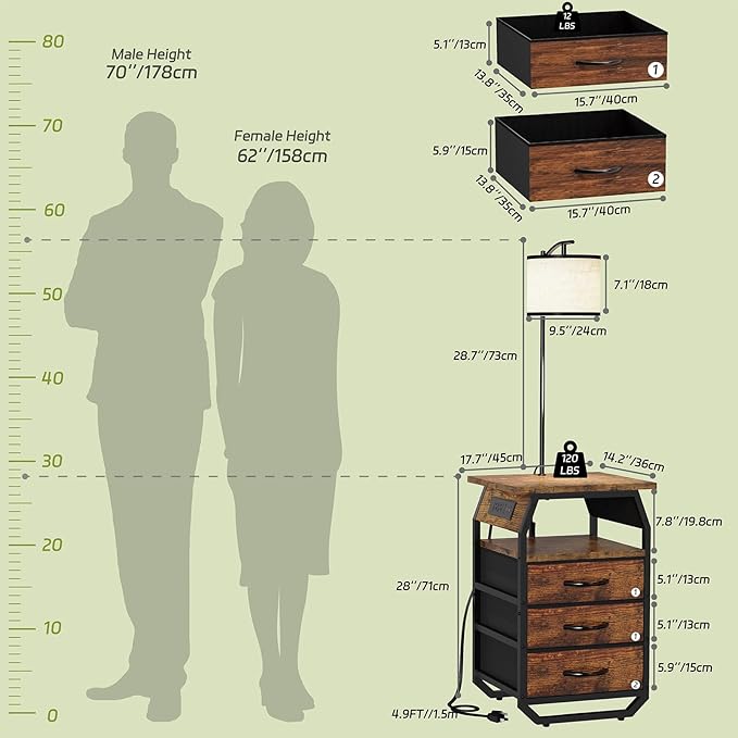 runjuly Floor Lamp with Table Set of 2, End Tables with Lamps Attached 3-Color Temperature Bulb, Side Table with Lamp with 3 Drawers & Charging, Lamps Tables Combo for Bedroom, Dorm - Rustic Brown