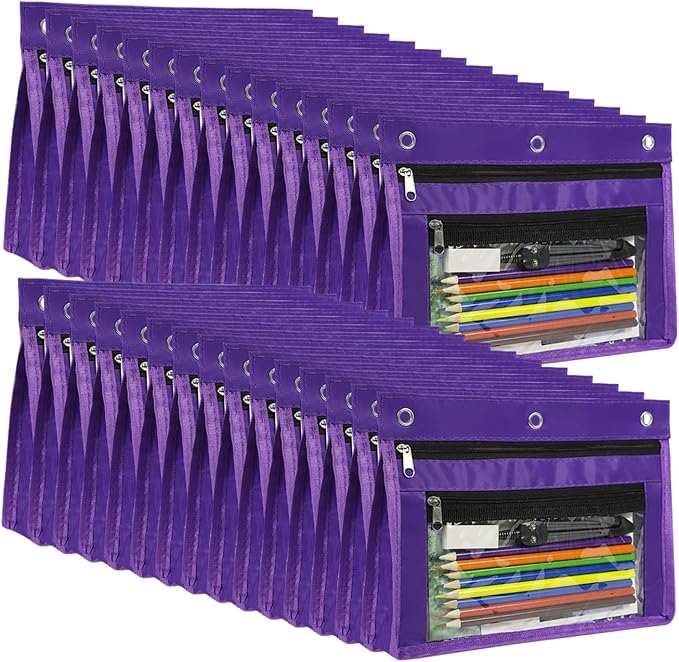 YoeeJob 36 Pack 1 Inch Expandable Zipper Pencil Pouches with Clear Window for 3 Ring Binder, Suitable for School & Office(Purple)