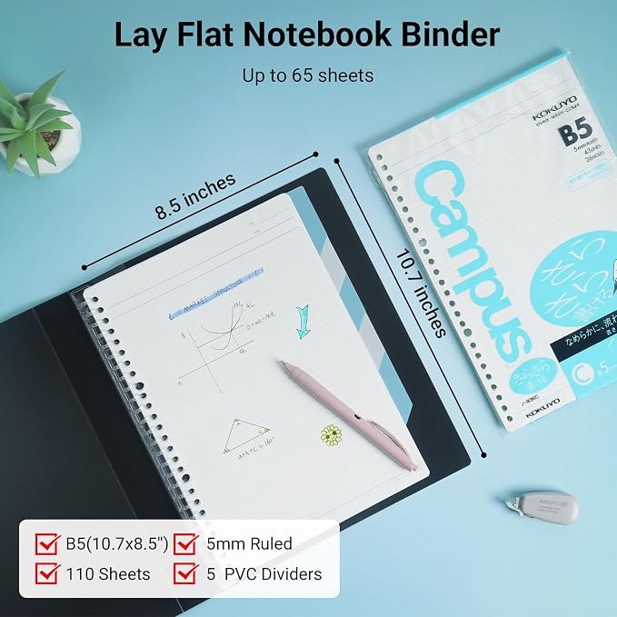 KOKUYO Refillable Spiral Notebook with Dividers & Tabs, B5 Hardcover 5 Subject Notebook Binder for Work, 100 Sheets, 5mm Ruled, Campus Refillable Business Binder for Study & Office Note Taking, Black