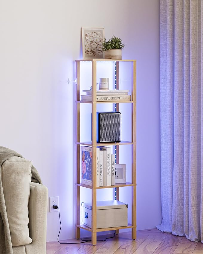 Open Book Shelf with LED Lights, 5 Tier Tall Bookshelf, Freestanding Shelf Narrow Bookcase with Open Shelves, 14.96" x 10.63" x 53.54", Book Shelves for Living Room, Office, Study, Oak