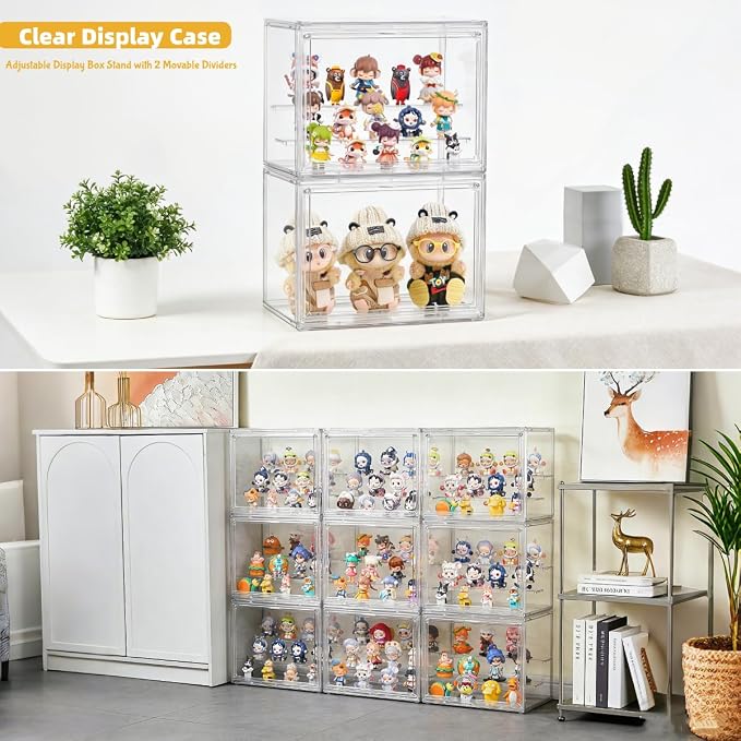 Acrylic Display Case for Collectibles 3 Tier,Small Clear Display Box 2pack | 2 Movable Dividers，Clear Showcase for Mini Figures，Easy Assembly, Magnetic Door, Stackable Design, Dustproof Durable Material