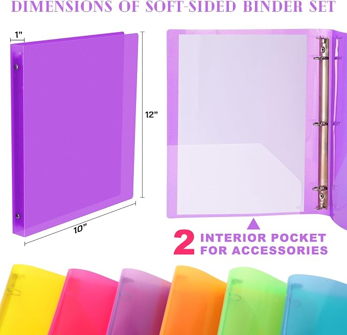 Fulmoon 6 Pack 1 Inch Plastic 3 Ring Binders with Pockets, Neon Colors | Flexible Covers with Round Rings and Front Pockets for Organizing Papers at School, Office, Meetings and Presentations