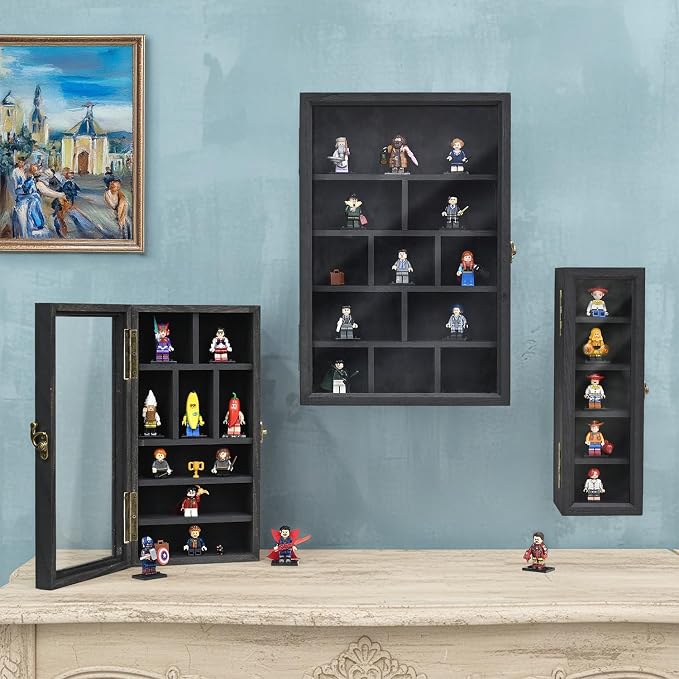 Ikee Design 3-Pc Wall-Mounted Wooden Cubby Display Shelf, | 3-PIECE SHADOW BOX SET: wall shelves with doors and 24 compartments for collectibles and mini figures.