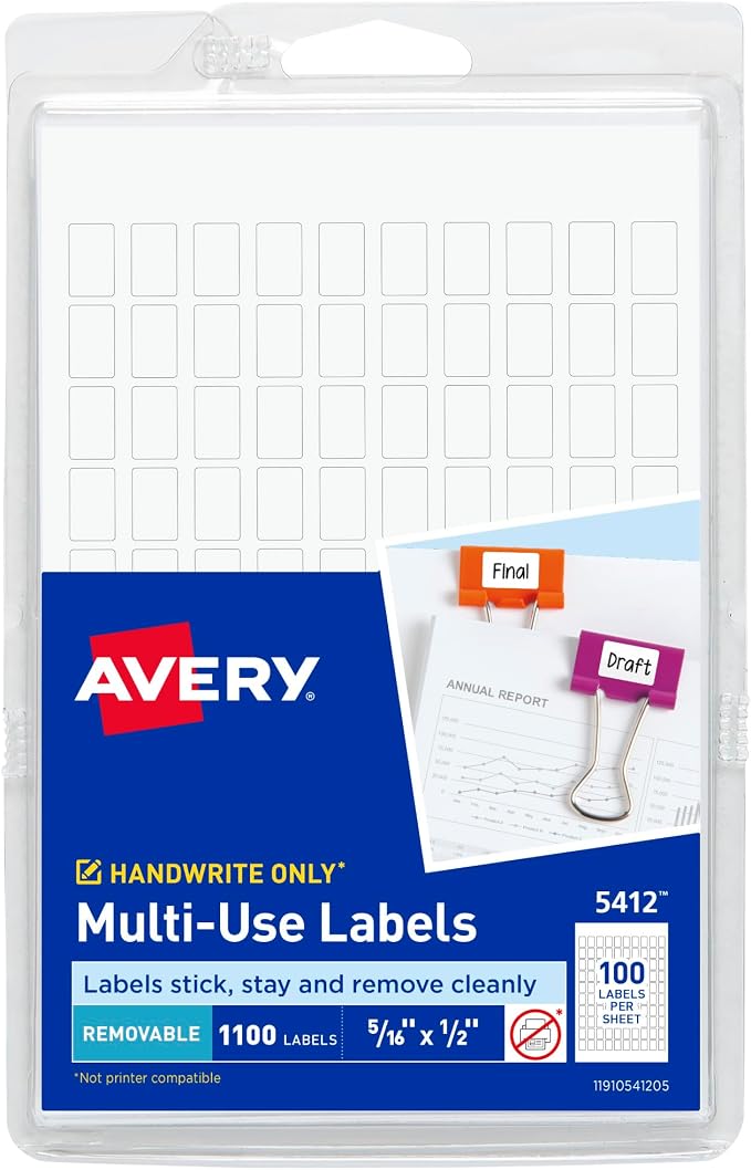 Avery Multi-Use Removable Labels, 5/16" x 1/2", White, Non-Printable, 1,100 Blank Labels Total (5412)