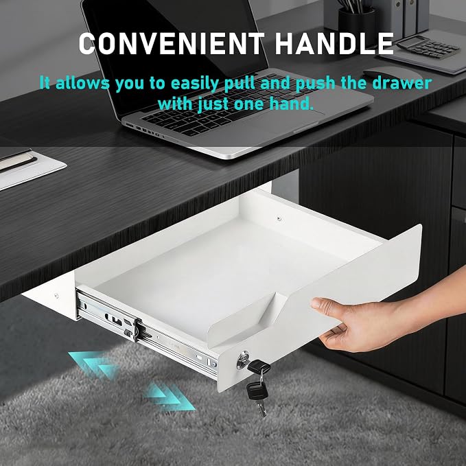 Under Desk Drawer Storage with Lock, Metal Undermount Table Drawer, Ball Bearing Slides Out Tray Organizer for Paper, Pencil, and Laptop 16"x11.8"x3.6", White