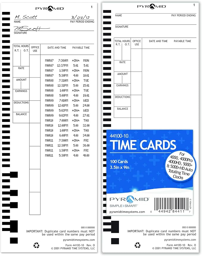 Pyramid Time Systems 44100-10PK5 500 Count Genuine Time Cards | Authentic Time Cards for 4000, 4000Pro, 4000ProK and 5000 Series Time Clocks From Pyramid, White, 3.5 by 9 Inches