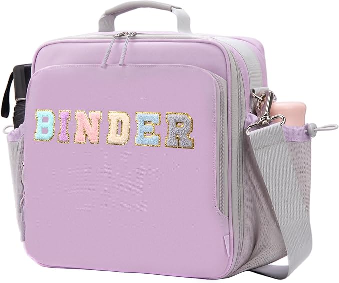 3 Ring Zipper Binder 3 Inch D Rings with Double Water Bottle Holder | Cute Initial Water-Resistant Zip Up Binder for School Office, 700-Sheet Capacity & Shoulder Strap & Laptop Pocket, Purple