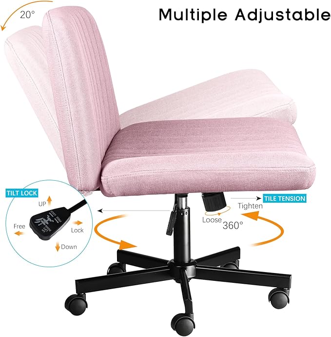 PUKAMI Criss Cross Chair with Wheels,Fabric Padded Armless Cross Legged Office Desk Chair for Home Office,Modern Swivel Height Adjustable Wide Seat Computer Task Vanity Chair(Pink)