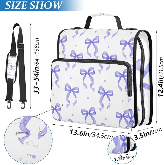 3 D-Ring Zipper Binder Bag, Purple Ribbon Bow Dots Pattern Removable Binder with Zipper Case Hold 300+ Sheets& 13 Inch Laptop for School Office Supplies Organizer