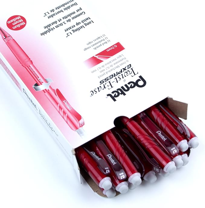 Pentel Twist Erase EXPRESS Automatic Pencil, 0.7mm Lead Size, Red Barrel, Box of 12 (QE417B)