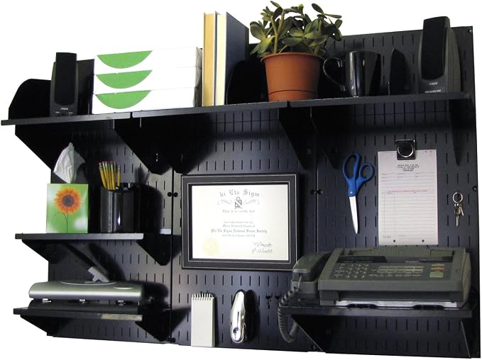 Wall Control Office Organizer Unit Wall Mounted Office Desk Storage and Organization Kit Black Wallboards and Black Accessories