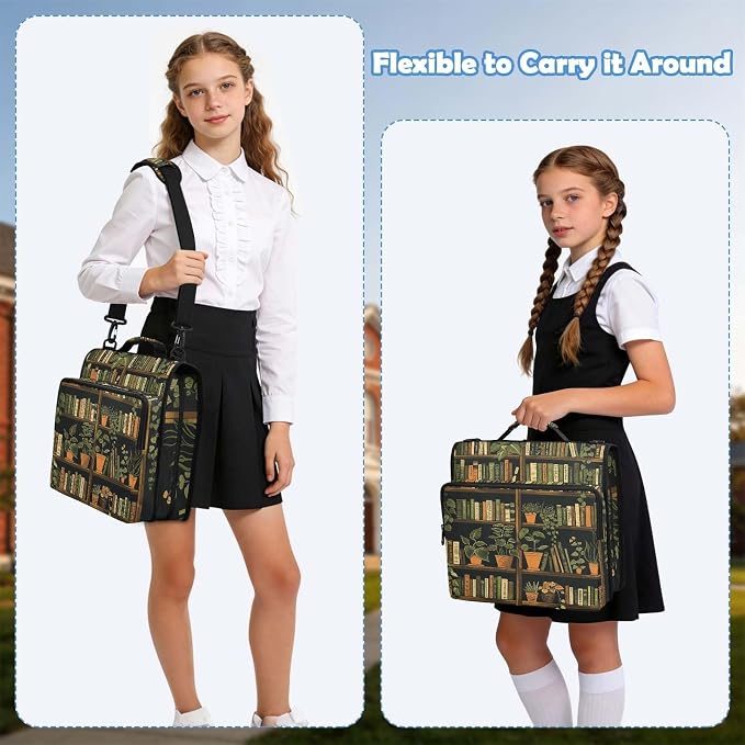 Bookshelf Print Zipper Binder File Organizer Bag 3 D-Ring | with Shoulder Strap, Holds 500 Sheets & 14in Laptop, 3 Ring Binder for Office Supplies