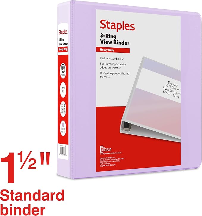 Staples Heavy Duty 1 1/2" 3-Ring View Binder, D-Ring, Light Purple