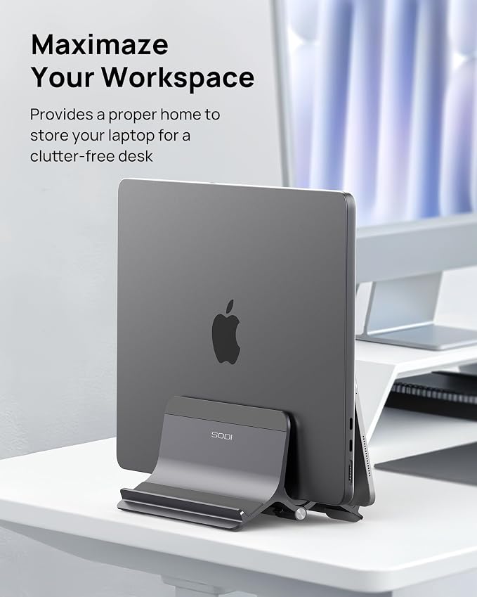 Vertical Laptop Stand for Desk, Aluminum Laptop Holder Compatible with MacBook Pro, MacBook Air Stand Up to 17 inch, Gravity Auto-Lock Cooling, 3in1 Space Saving Desk Organizer Accessories, Gray