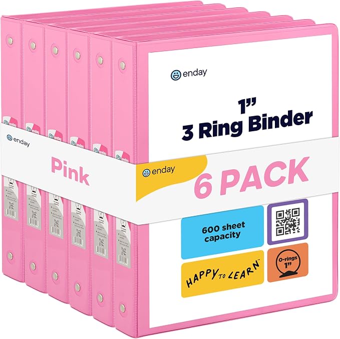 Enday 1 Inch Binder (6 Pack - Pink) 3 Ring Binder 1 inch with Clear View Cover and 2 Inside Pocket - for Letter Size 8.5 x 11'' Paper, Ideal for School Supplies, Office, and Home