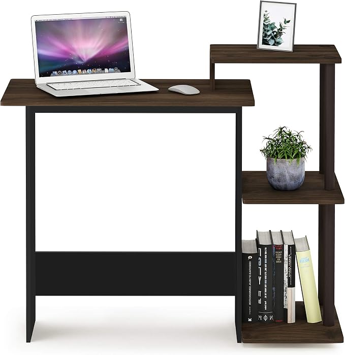 Furinno EFFICIENT Desk, 28.6" Wide Gaming Desk with 3 Open Side Shelves, Laptop Notebook Computer Desk, Office Desk for Home Office, Study Room, Dorm, Bedroom, Columbia Walnut