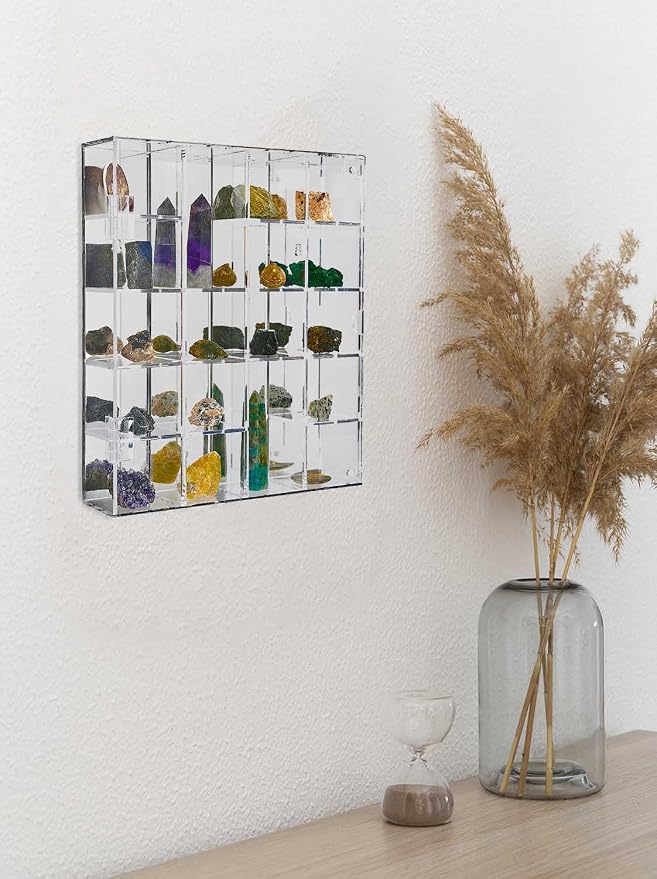 Adjustable Acrylic Rock Display Case Shadow Box with Shelves | Clear Storage Organizer for Mini Pop Figure, Collectibles, Mineral Crystal, Stones, Wall Mountable, with Mirrored & Lid
