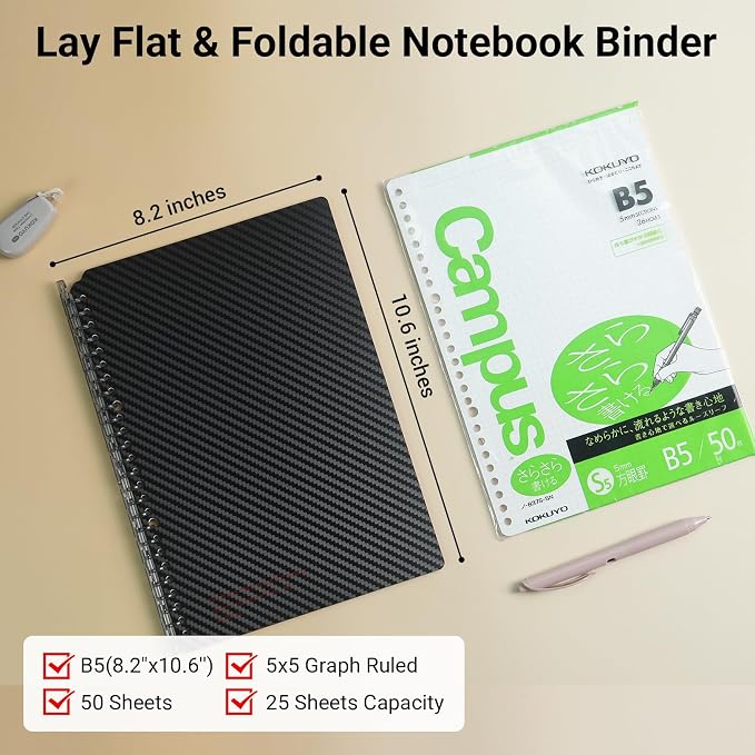 KOKUYO Smart Ring Binder Notebooks, 2 Pcs B5 Refillable Notebook, 8mm Ruled, 20 Sheets Each, Plus Extra 50 Sheets 5x5 Graph Loose Leaf Paper, 25 Sheet Capacity, Ideal for School & Work, Black & White