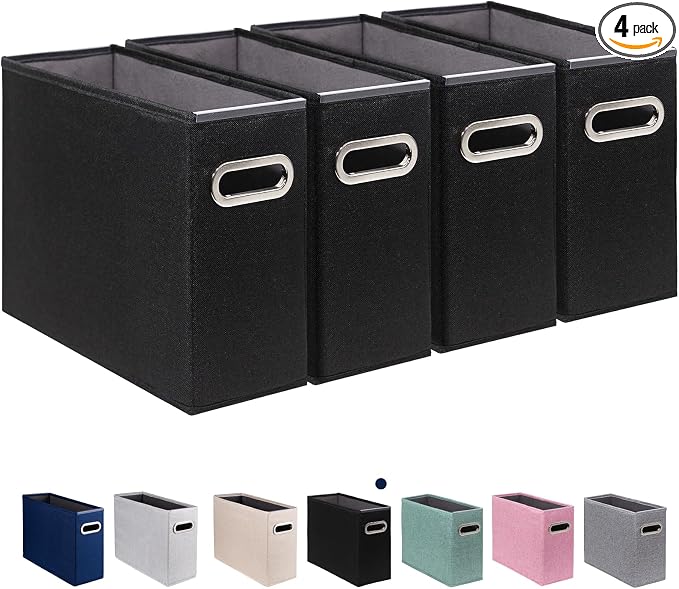 4 Pack Letter Size File Storage Box Collapsible, Fabric Hanging File Folders Organizer, Portable Office Document Holder with Metal Handle, Smooth PVC Rails, Black