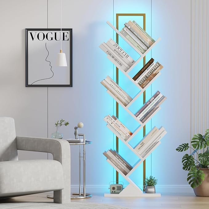 Qupui 9-Tier Tree Bookshelf with LED Lights, Tall Corner Bookcase, White | RGB 22 Modes 6 Brightness. Tree Branch Design. 9 Open Shelves. Engineered Wood With Metal Frame. T-shaped Stability