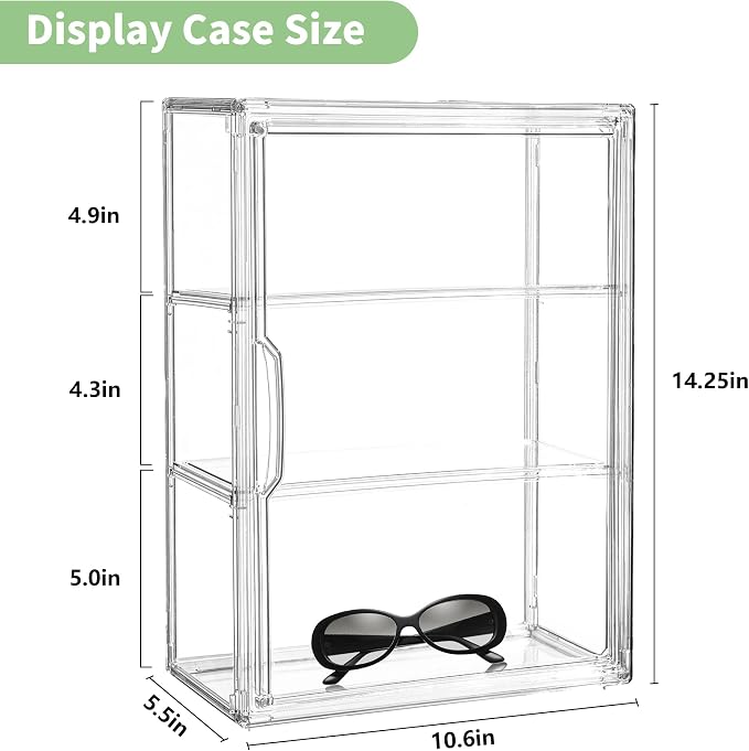 LXLXXL Acrylic Display Case 3 Tier Wall-Mounted for Collectibles,4 Pack | Dual-Use Tabletop＆Wall Mount with Adhesive Buckles, Magnetic Door, 3 Removable Partitions,Tool-Free Assembly for Collectibles