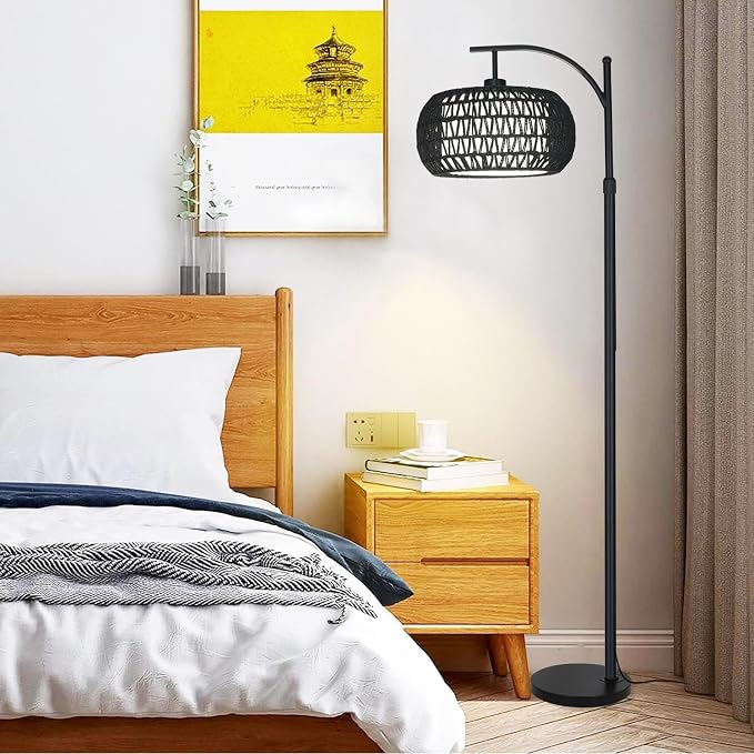 ZECOXOL Arc Floor Lamp with 3 Color Temperatures,Black Floor Lamp with Remote Control, Boho Standing Lamp with Rattan Wicker Shades, Farmhouse Tall Pole Lamp for Living Room Bedroom
